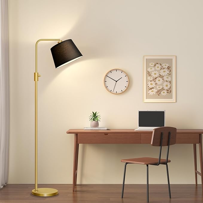 Nintiue Dimmable Gold Floor Lamp, 1000 LM LED Edison Bulb Included, Arc Floor Lamps for Living Room with Black Shade, Modern Standing Lamp Tall Lamps for Living Room Bedroom
