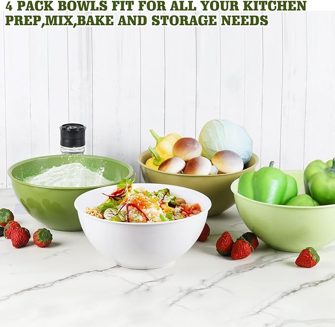 4-Piece Plastic Mixing Bowl Set with Lids for Kitchen, 67oz Lightweight Storage Bowls, Large Salad Bowls for Baking, Prepping, Cooking and Serving Food, Dishwasher & Microwave Safe