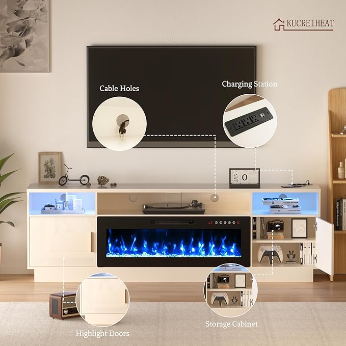 80'' TV Stand with 42'' Fireplace-LED Light Entertainment Center for 90 inch TV-White TV Cabinet with Storage, Modern TV Console for Living Room