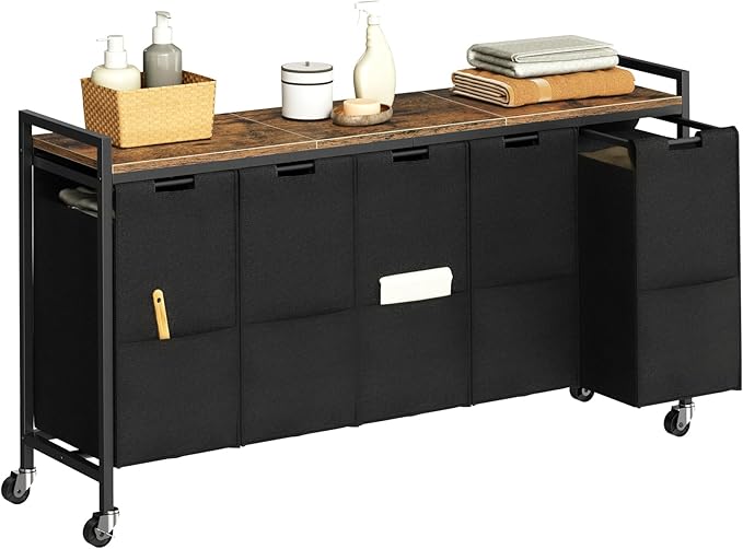 HOOBRO Laundry Sorter 5 Sections, Laundry Hamper with Wheels, 5 × 10.5 Gallon (40 L), Rolling Laundry Basket, Pull-Out and Removable Oxford Fabric Bags, Rustic Brown and Black BF07XY01