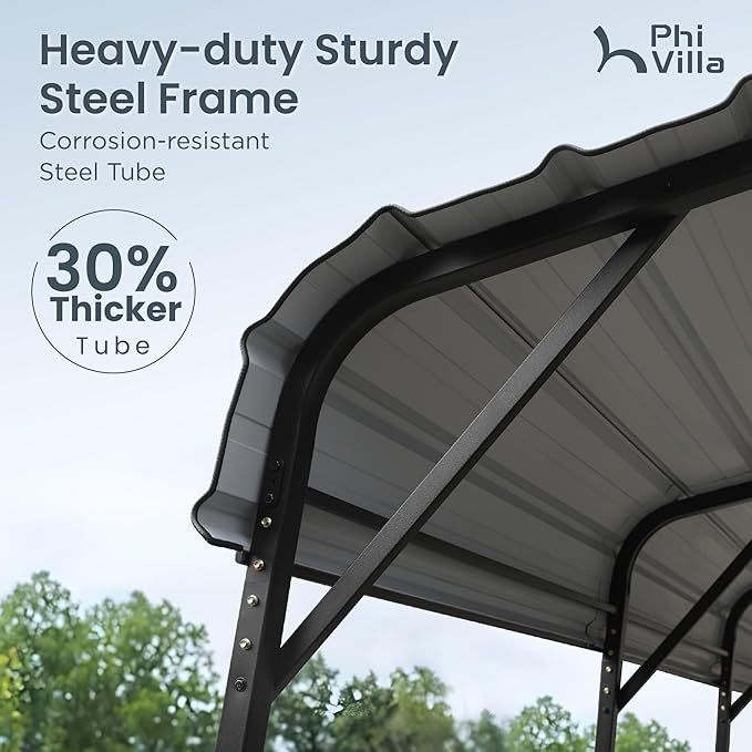 PHI VILLA 20 x 20 ft Carport 2 car Metal Carport Tent with Galvanized Steel Roof with Sidewalls Enclosure Kit, Sturdy Heavy Duty Metal Storage Shed for Cars, Boats, and Tractors