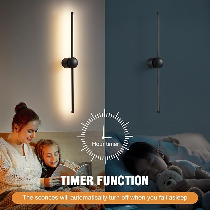 Battery Operated Wall Sconce Set of Two, Wireless Battery Powered LED Wall Lights with Remote, 360°Rotation, Rechargeable, Dimmable,Black Modern Cordless Wall Lamp for Living Room Bedroom