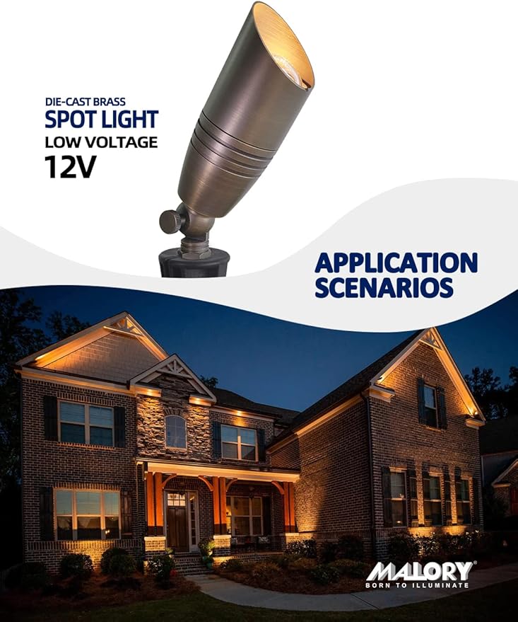 MALORY Brass Landscape Spotlights 6-Pack with Bulb Kit(S02), Low Voltage 12V AC/DC LED Outdoor Spot Uplights for House and Tree,PVC Ground Stake and Wire Connector Included, 5W 2700K Warm White
