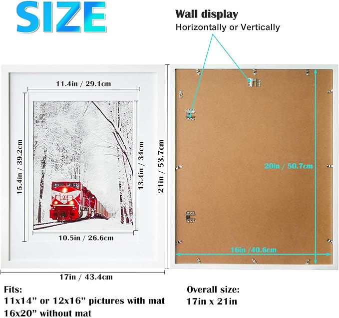 Egofine 16x20 Solid Wood Picture Frame, Made of Solid Wood Covered by Plexiglass 11x14/12x16 with Mat 16x20 without Mat, Poster Frame for Wall Mounting Photo Frame Vertically or Horizontally, White