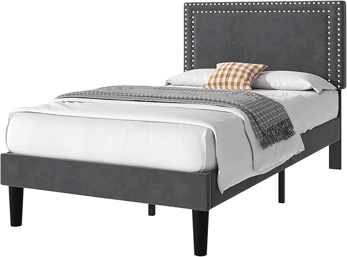 VECELO Twin Size Platform Bed Frame with Adjustable Upholstered Headboard, Strong Wood Slat Support, No Box Spring Needed, Easy Assembly