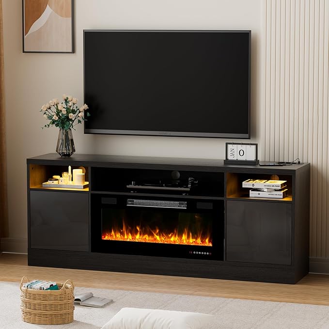 70'' TV Stand with Fireplace and Power Outlet-Black Entertainment Center for 75+ inch TV- 27'' High TV Cabinet with LED Light, Storage, High Glossy Door, Modern TV Console for Living Room