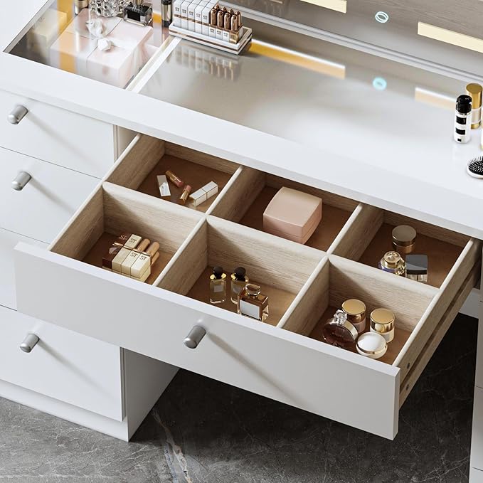 Makeup Vanity Desk with Mirror - 46 INCH Glass Tabletop Vanity Table with Lights, Drawers, Power Outlet, Large Storage Desk for Bedroom, White