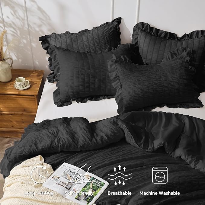 JOLLYVOGUE Black Twin Size Comforter Set, 2 Pieces Seersucker Lightweight Fluffy Bedding Set, Twin Ruffle Comforter, All Season Soft Microfiber Shabby Chic Bed Set for Girls