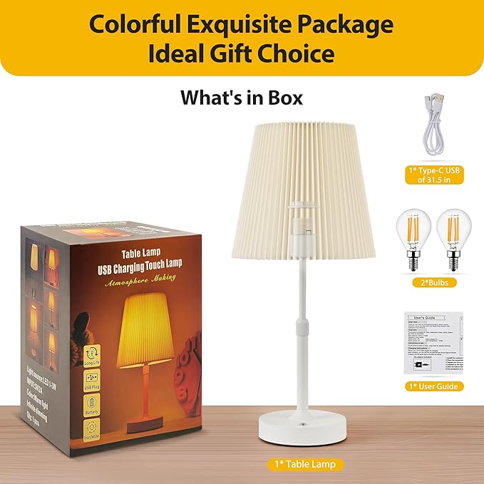 Cordless Table Lamp, 2700K Stepless Dimmable Wireless Touch Lamp with 2 Bulbs, 5200mAh Rechargeable Battery Operated Lamps for Living Room, Kitchen, Bedside, Dining Room, Bar(White)