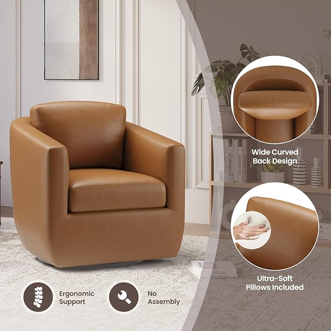 COLAMY 360° Swivel Accent Chair Set of 2 with Pillow, Leather Living Room Armchair No-Sag Foam & Sturdy Metal Base, Fully Assembled Swivel Single Sofa for Bedroom Living Room, Reading Room, Brown