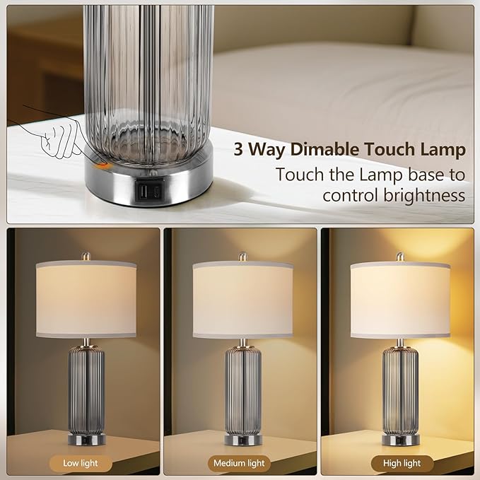 Table Lamps Set of 2 with Touch Control, 3-Way Dimmable Nightstand Lamp with Vertical Grained Glass, Grey Bedside Table Lamps, 27" Modern Glass Bedside Lamps with USB A+C Ports, Desk Lamp for Bedroom