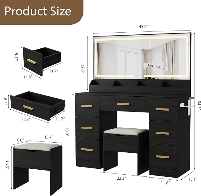 Garvee Vanity Desk with Large Mirror and Lights, 45.9In Makeup Vanity Desk, 3 Lighting Modes Adjustable Brightness, Vanity Table with Power Outlet &8 Drawers, for Powder Room and Bedroom