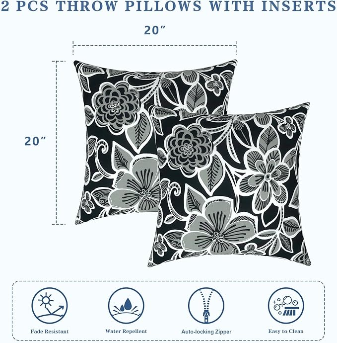 LVTXIII Outdoor Throw Pillows, Decorative Throw Pillows with Inserts, 20"x20" Square Pillows for Bed, Couch, Sofa and Patio Furniture, Set of 2, Flower Black