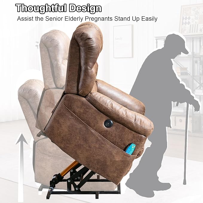 Bonzy Home Power Lift Chairs Recliner with Massage and Heating, Electric Recliner Chair with 24" Wide Seat for Big People, Full Padded Backrest, Waterproof Faux Leather, USB Charging Ports, Brown