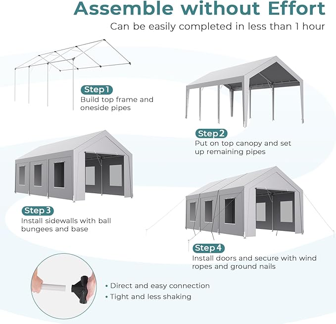 Carport 10x20 ft Heavy Duty, Car Port with Reinforced Steel Frame and 6 Roll-up Windows, Portable Garage with Sturdy Ground Nails, Waterproof All-Season Car Canopy for Boat, Truck, Grey