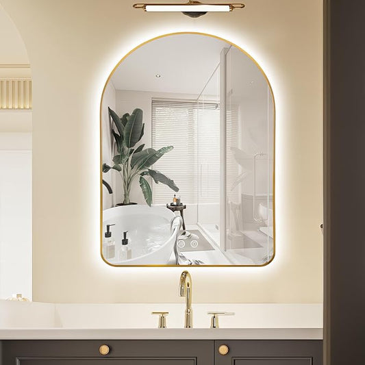 Niccy Arched LED Lighted Bathroom Mirror, 40x30 Inch Backlit Vanity Bathroom Mirror with Lights Brushed Gold Framed Wall Mounted Mirrors with 3 Color Shatterproof Arch Smart Fog Free Mirror