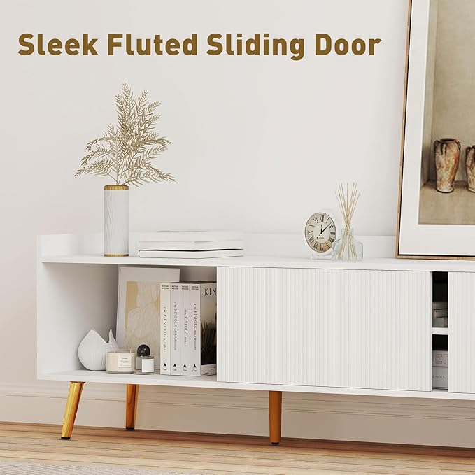 Bonzy Home 70'' Fluted TV Stand Modern Entertainment Center with Sliding Doors & Storage for up to 75'' TV, Media TV Console for Living Room & Bedroom, White