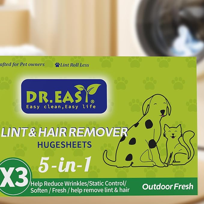 Dr.Easy LINT & HAIR REMOVER Pet HUGESHEETS with 3X Dryer Sheets, Outdoor Fresh, 200 Count,PLANT&MINERAL-BASED FORMULA