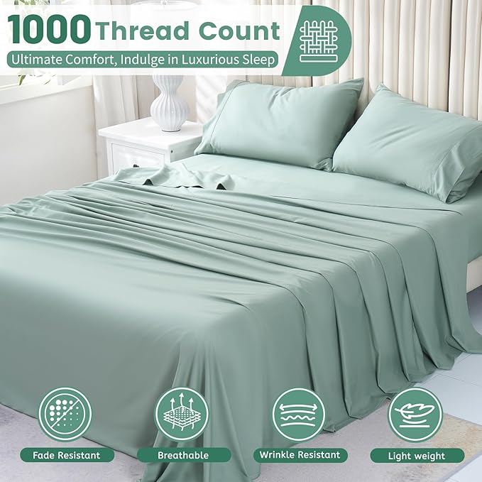 Bedlifes 1000 Thread Count 100% Egyptian Cotton King Size Sheets Set - Sateen Soft Silky Breathable Luxury Cooling 4 Pieces (Sage Green)