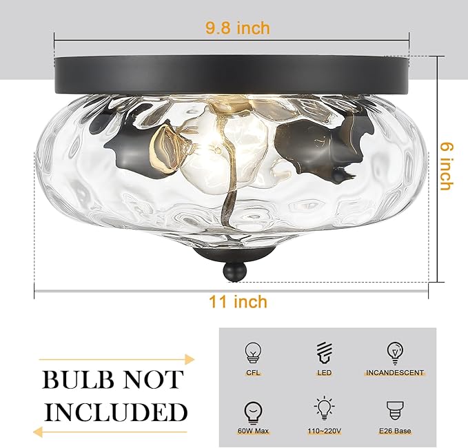 Darkaway Ceiling Light Fixtures Flush Mount Indoor Outdoor Ceiling Light with Water Ripple Glass Shade for Hallway Kitchen Bedroom Porch Living Room Black Finish
