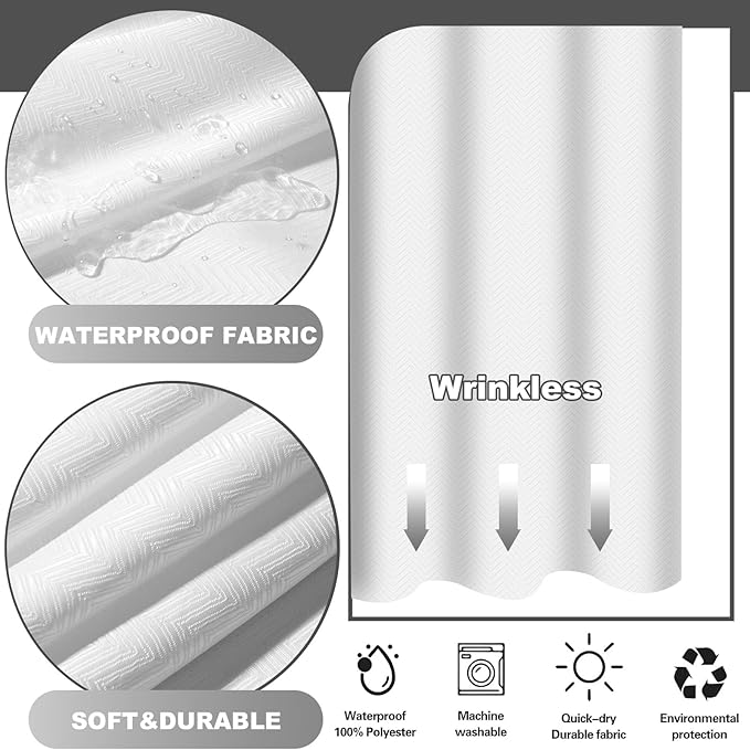 54x80 Inches, No Hook Shower Curtain with Snap in Fabric Liner Set, White Chevron Shower Curtain for Bathroom, Washable and Water Repellent, See Through Mesh Top Window