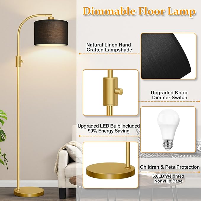 【Upgraded】 Dimmable Gold Floor Lamp, 1200 Lumens LED Bulb Included, Arc Floor Lamps for Living Room Modern Standing Lamp with Black Shade, Tall Lamp for Living Room Bedroom Office Reading Room Nursery