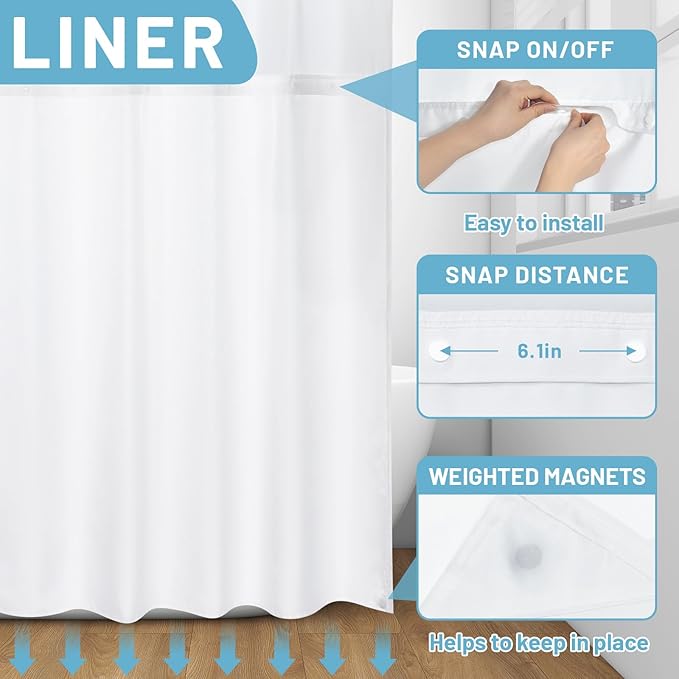 No Hook Shower Curtain with Snap in Liner - Watercolor Floral Shower Curtain - Fabric Waterproof Inner Liner, Plants Blue Flowers White Cloth Shower Curtains - Machine Washable, 71 x 74