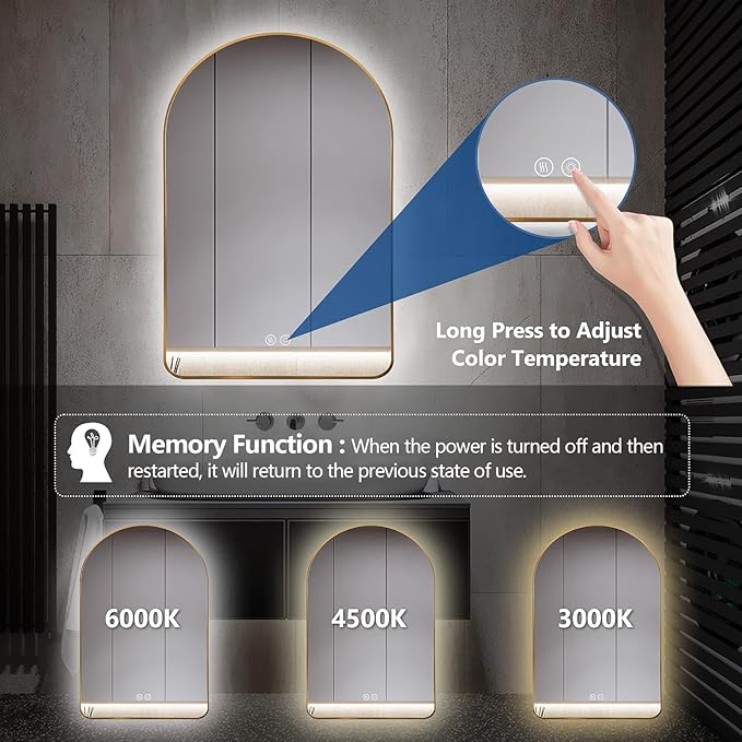 Niccy Arched LED Lighted Bathroom Mirror, 36x24 Inch Backlit Vanity Bathroom Mirror with Lights Brushed Gold Framed Wall Mounted Mirrors with 3 Color Shatterproof Arch Smart Fog Free Mirror