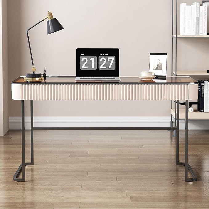 Lartis Office Desk with Drawers for Home Working Studying Computer Desk with Built-in Outlet Writing Desk Dressing Table Vanity Table no Mirror Intelligent Socket with USB Port