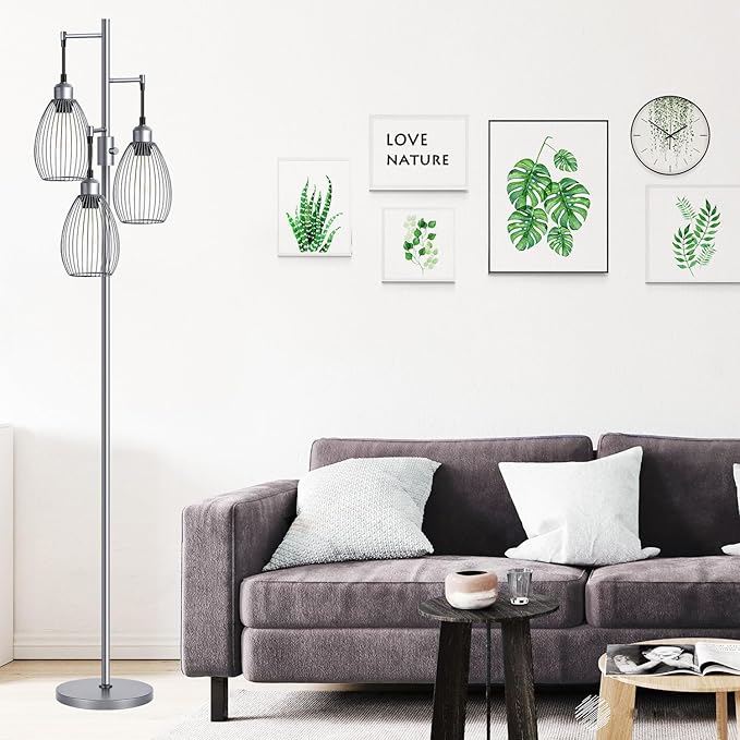 Nintiue Dimmable Floor Lamp, 3 x 800LM LED Edison Bulbs Included, Industrial Floor Lamp Standing Tree Lamp with Elegant Teardrop Cage Heads Tall Lamps for Living Room Bedroom-Grey