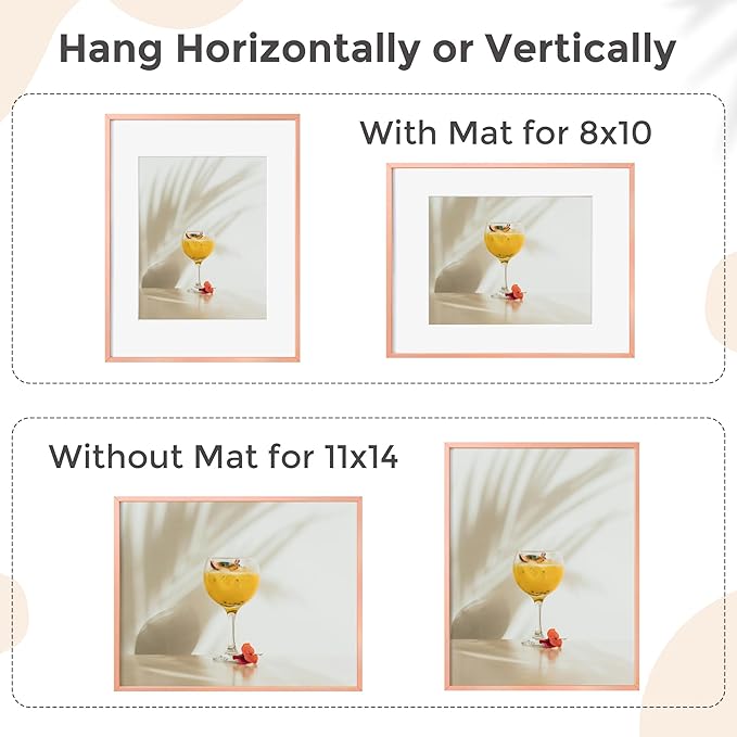 11x14 Picture Frame -11x14 Metal Picture Frame With Mat For 8x10 | 14x11 Frame Aluminum | Plexiglass And Hanging Hardware Included | 11 by 14 Poster Frame, Set of 3, Rose Gold