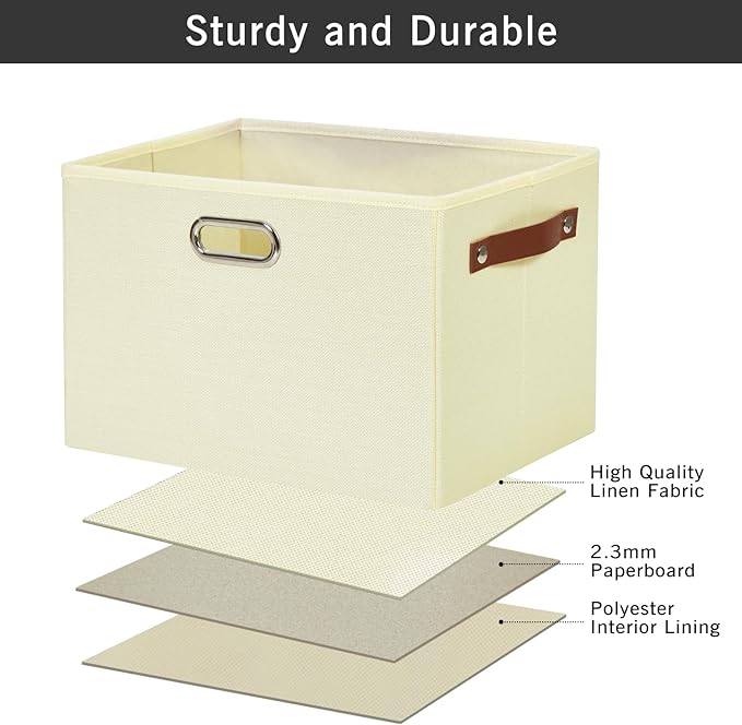 Large 3-Pack Foldable Fabric Storage Bins with Durable PU & Metal Handles , Collapsible Storage Baskets for Shelves, Home Storage, Closet Organizers, Living Room(14.9"x9.8"x9.8", Beige)