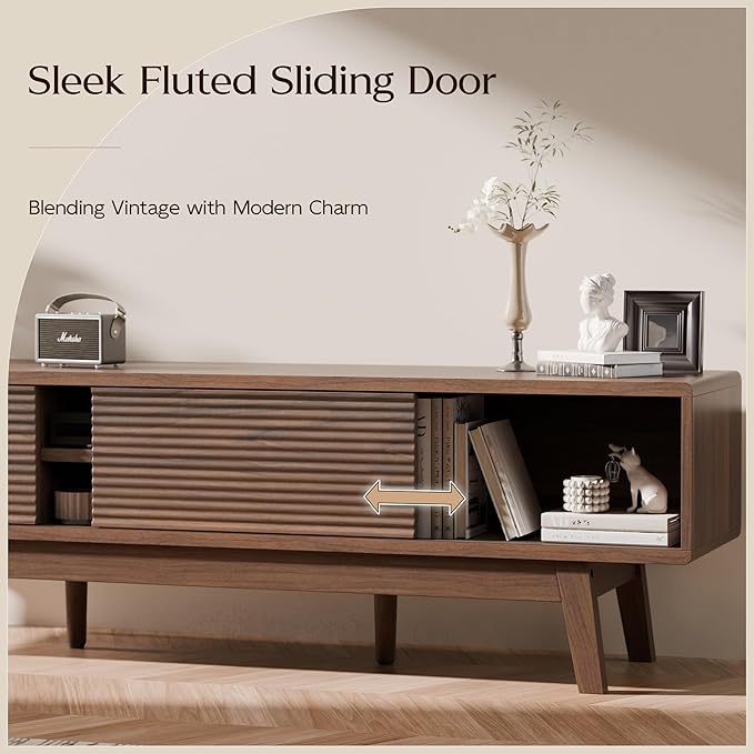 TV Console, Mid Century Modern Media Console for 55/60/65 Inch TV, Low Profile TV Stand with Fluted Sliding Doors, Boho Light Wood Credenza for Living Room (Walnut, 59")