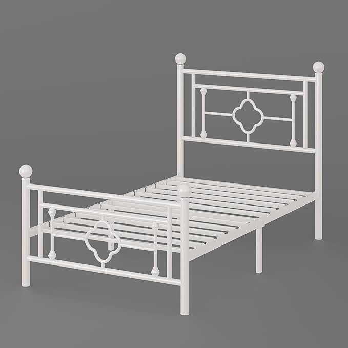 SHA CERLIN 14 Inches Twin Size Metal Platform Bed Frame/Vintage Iron-Art Headboard and Footboard/Mattress Foundation for Storage/No Box Spring Needed/Noise-Free/Easy Assembly/White