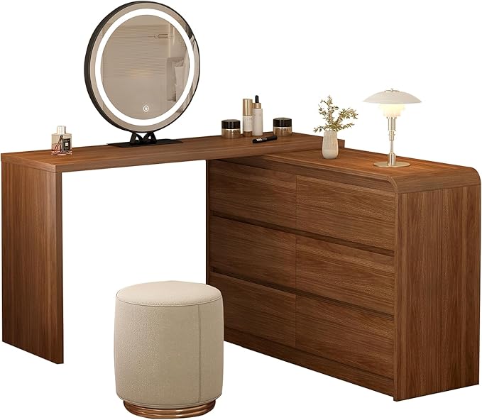 Makeup Vanity Desk with Full Aluminum HD Lighted Mirror, 50-90in Extendable Modern Vanity Table Set with Chair, 6-Drawer Storage Cabinet with Rounded Corners, Bedroom Dressing Table, Brown
