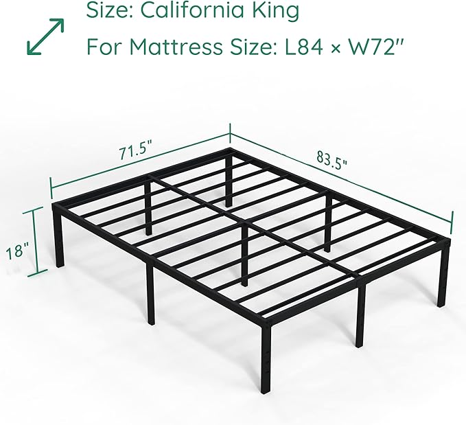 18 Inch California King Bed Frames Heavy Duty Metal Platform No Box Spring Needed, Maximum Storage, Easy to Assembly, Noise Free, Black