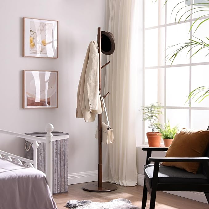 VASAGLE Solid Wood Coat Rack, Free Standing Hall Coat Tree with 8 Hooks, 3 Height Options, for Coats, Hats, Bags, Purses, for Entryway, Hallway, Rubberwood Hooks and Pole, Dark Walnut URCR009W01