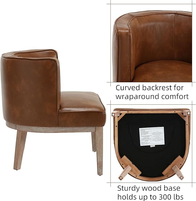 Set of 2 Arm Accent Chair Barrel Accent Chair with Wood Legs, Brown Leather Comfy Barrel Round Side Chair Upholstered Reading Chairs with Back for Living Room Bedroom Living Room Chair, Brown