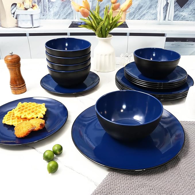 TP 18-Piece Dinnerware Set, Melamine Dishes Set with Bowls and Plates, Service for 6, Non-breakable Lightweight Dining Tableware, Blue and Black