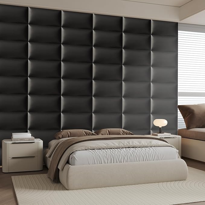 Black Stick-On Wall Mounted Headboard - 9-Piece Bed Backboard for Queen Size Beds, 24 x 12 Inches Each, Easy-to-Install Decorative Sound-Proofing Bed Headboard Queen