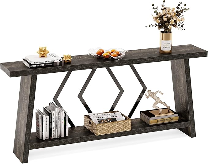 LITTLE TREE 70.9-Inch Console Table, Long Sofa Table Behind Couch, Farmhouse Console with Shelf for Entryway, Living Room, Hallway, Dark Grey