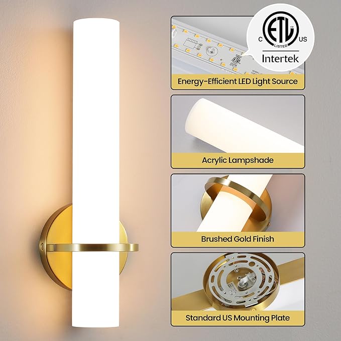Wall Sconces - 15 inch Gold Wall Sconces Set of Two Modern Bathroom Sconce 15W Dimmable LED Wall Sconce Light with Acrylic Lampshade, Bathroom Vanity Light for Mirror Living Room Hallway 3000K