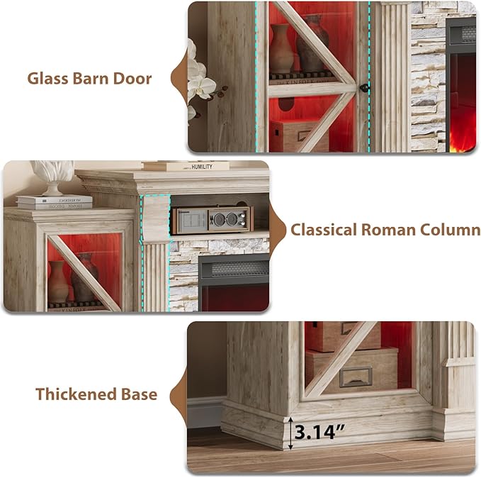 QUW Electric Fireplace TV Stand, 70" Farmhouse Entertainment Center with Open Shelf and Glass Barn Door Cabniet, Modern TV Console Table with 7 Flame Colors for Living Room, Antique Brush Grey