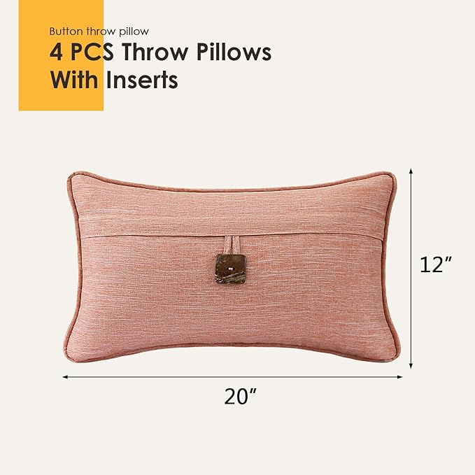 Outdoor Decorative Pillows with Coconut Button Pack of 4, 20" x 12" Outdoor Pillow Set for Couch Bed Throw Patio Sofa, Light Lotus Red