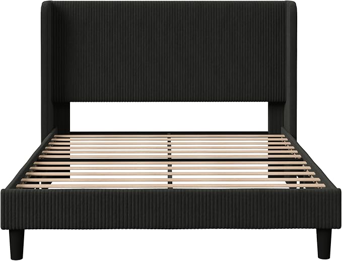 Allewie Full Size Bed Frame with Upholstered Wingback Headboard, Vertical Channel Tufted Corduroy Velvet Platform Bed, Strong Wooden Slats Support, No Box Spring Needed, Easy Assembly, Sturdy, Black