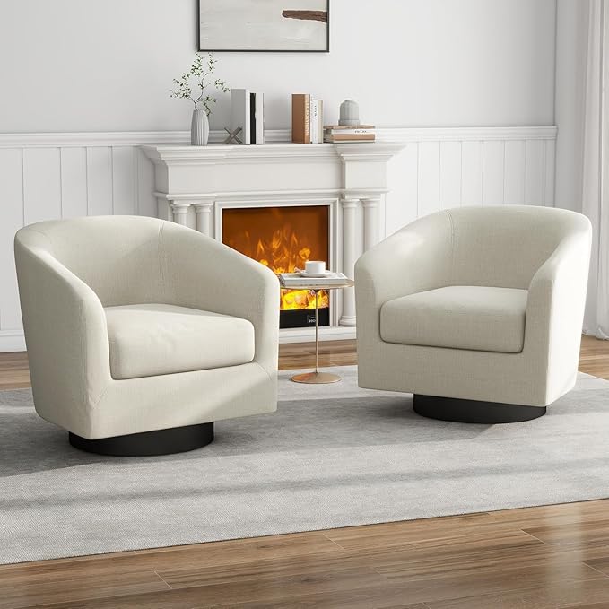 UIXE Swivel Barrel Accent Chairs Set of 2, Fabric Round Club Arm Chair Upholstered Living Room Armchair, Modern Single Sofa Seating Bedroom Side Reading Seat for Home Office - Beige