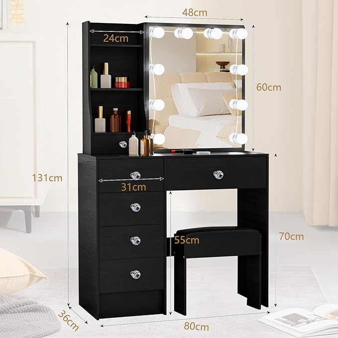 Black Vanity Desk with Sliding Mirror and Light, Small Makeup Vanity Table with 5 Drawers and Cushioned Stool for Bedroom, Makeup Vanity Set for Bedroom