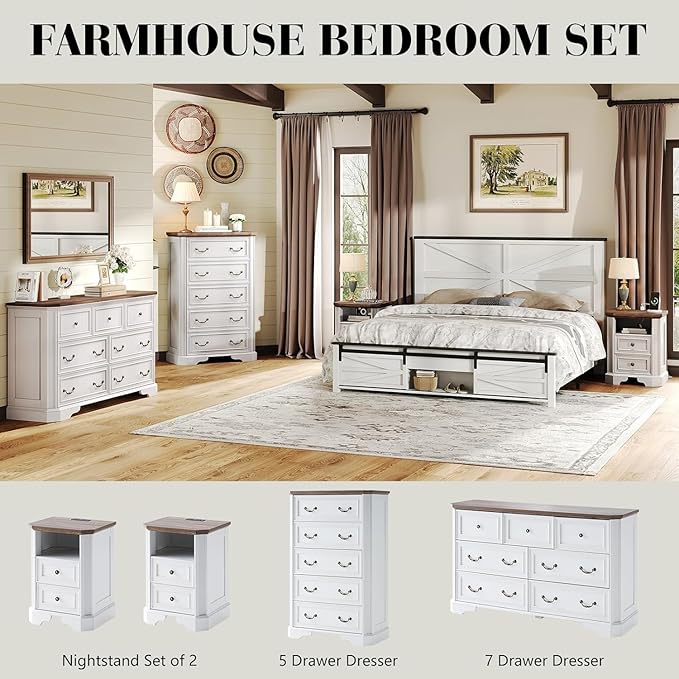 Farmhouse 54" 7 Drawers Dresser, Wood Rustic Chest of Drawers Dresser with Corner Bevel Shape, Closet Storage Dressers for Bedroom, Living Room, Hallway, Antique White