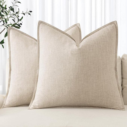 MIULEE Decorative Ramie Blend Pillow Covers 16x16 Inch Natural Beige Boho Farmhouse Neutral Couch Throw Pillows for Bed Pack of 2 Accent Modern Pillowcase Sofa Livingroom Home Decor