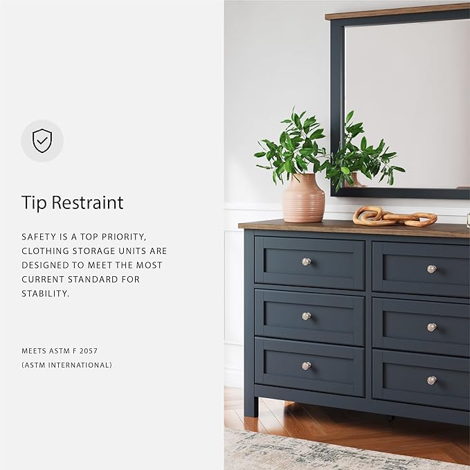 Signature Design by Ashley Landocken Casual 6-Drawer Dresser and Mirror with Safety Stop, Blue & Light Brown